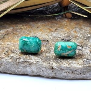 80's Soft Touch Clip-On Earrings Silver Tone Green Rectangle Stone Statement Vtg